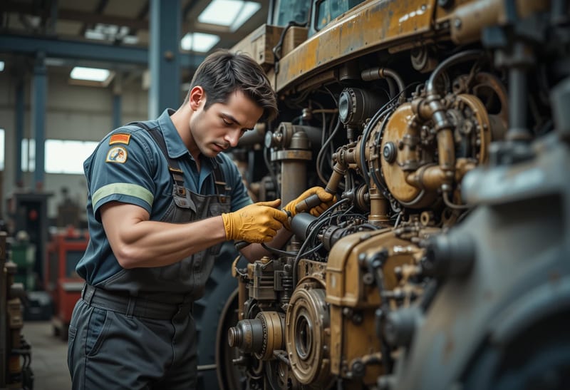 Technicien à l'atelier SAV réparant un moteur de matériel agricole